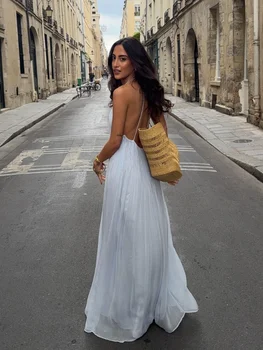 Light Blue Pleated Sling Long Dresses Women Sexy Backless Sleeveless A Line Robes Elegant Female Evening Party Club Gowns 1