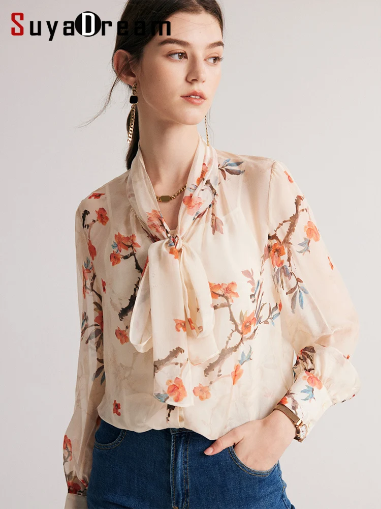 SuyaDream Women Floral Shirts 40%Real Silk Bow Collar Single Breasted Chic Blouses 2023 Fall Winter Office Lady Top Pink