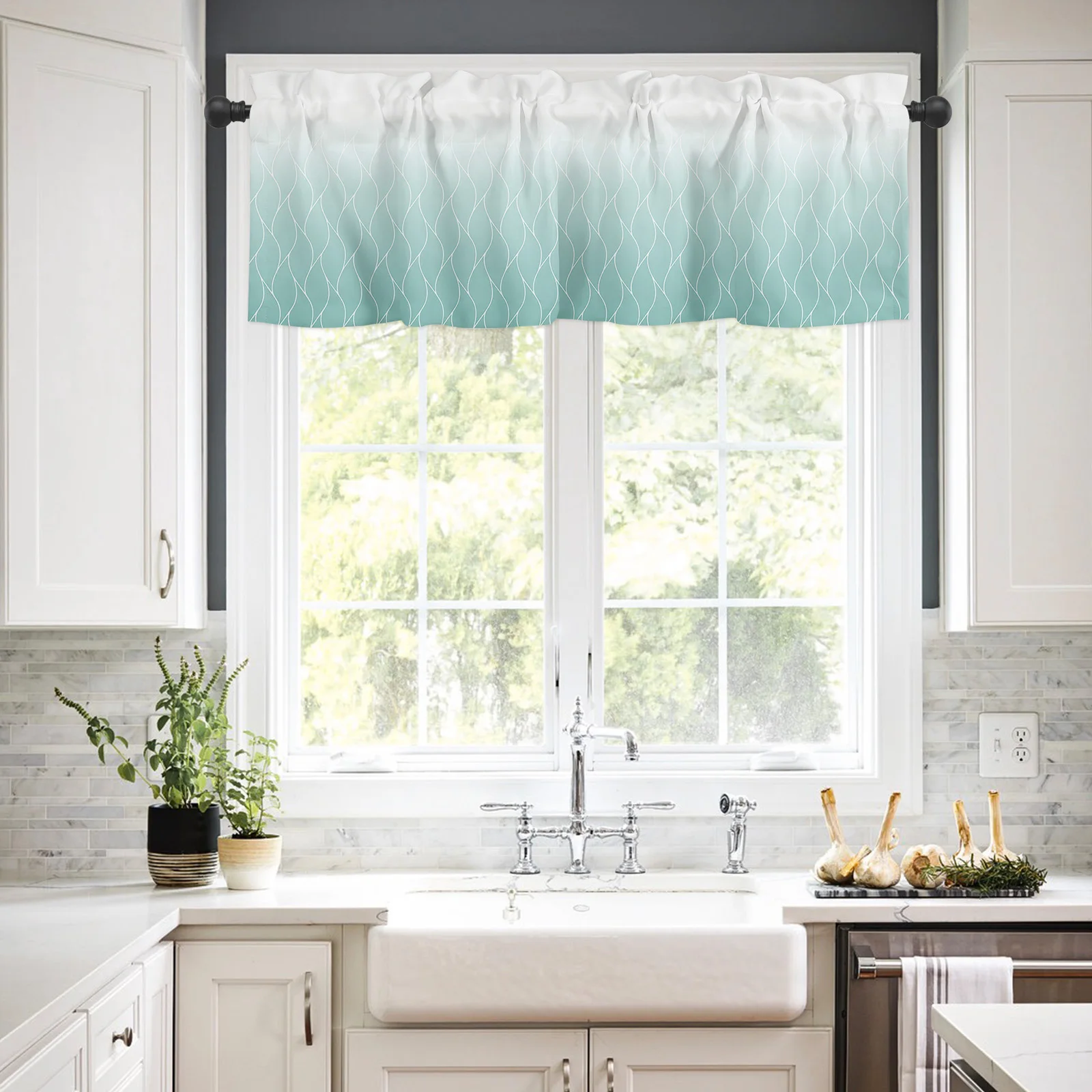 ZEDLIYU Valances for Windows Kitchen Living Room Home Decoration Small Window Valance Morocco Ombre Geometry Teal 1 Panel 2