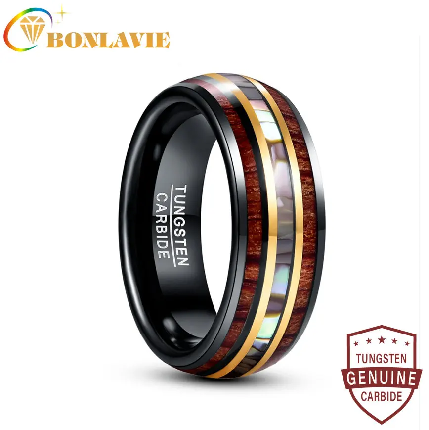 

BONLAVIE 8mm Black Gold Color Inlaid Wood Grain Abalone Shell Tungsten Carbide Ring Men's Fashion Wedding Jewelry Gift