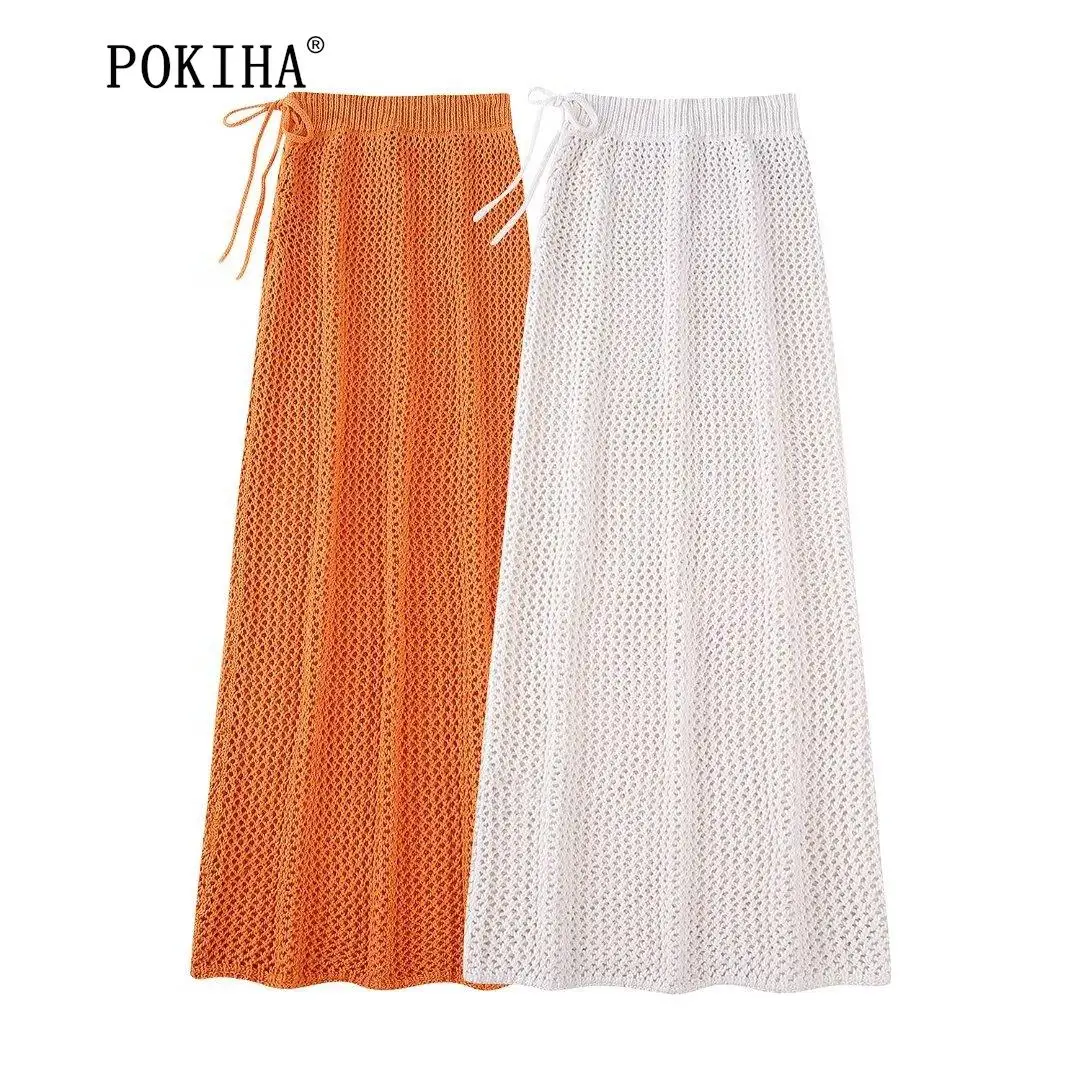 

Pokiha 2023 Fashion Women Solid Knitting Side Tied High Elastic Waist Midi Skirt Slim Casual Chic Female A-line Skirts Mujer