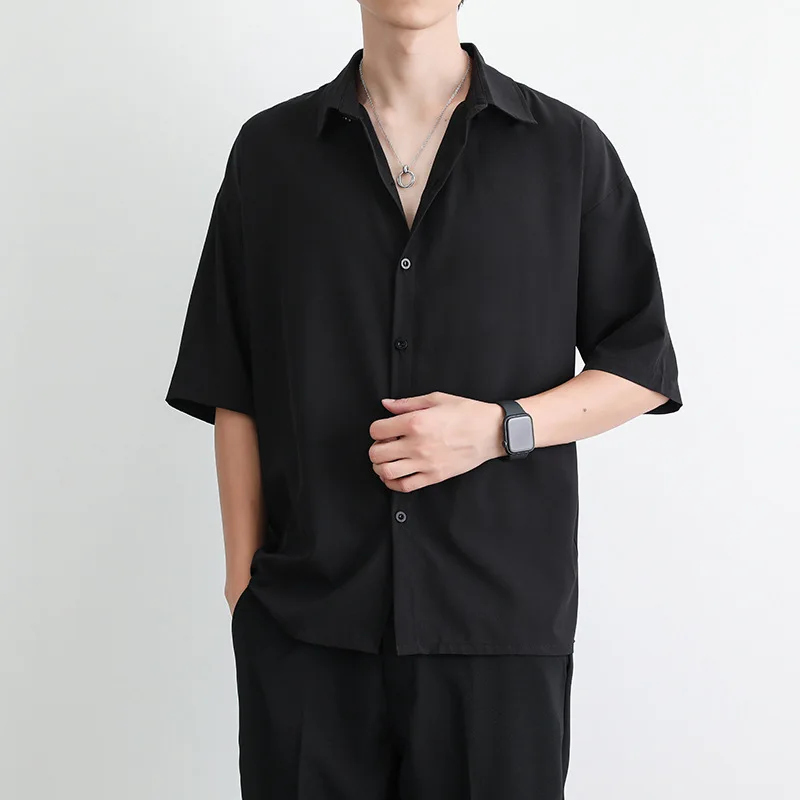 Summer casual men's short-sleeved shirt loose large size solid-colored lapel shirt