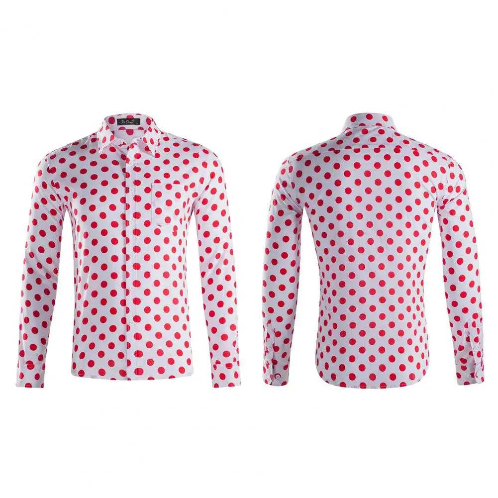 Men Shirt Lapel Single-breasted Color Matching Dot Printed Cardigan Long Sleeve Shirt Pocket Slim Soft Breathable Shirt Top