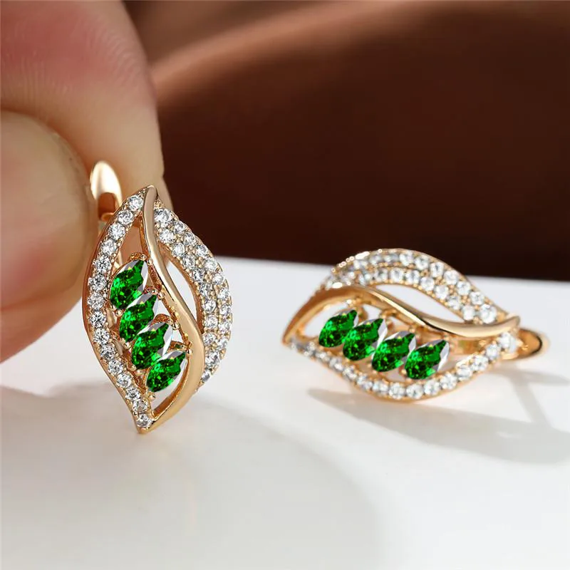 Cute Female Gold Color Wedding Hoop Earrings Pink Zircon Crystal Small Stone Leaf Wedding Jewelry For Women