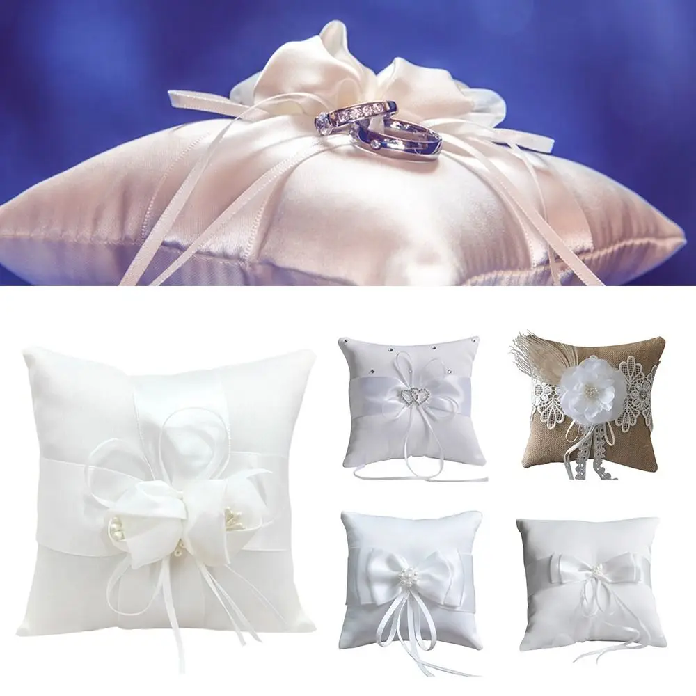 

White Silk Jute Ring Bearer Pillow Romantic Wedding Supplies Jewellery Cushions 15*15cm 20*20cm Bridal