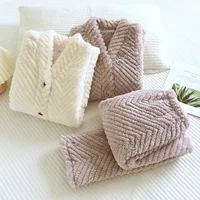 2026 New Winter Flannel Nightwear Set V-Neck Plush Thickened Coral Plush Solid Color Home Fur Long Sleeve Pants Two Piece Set - Image 2