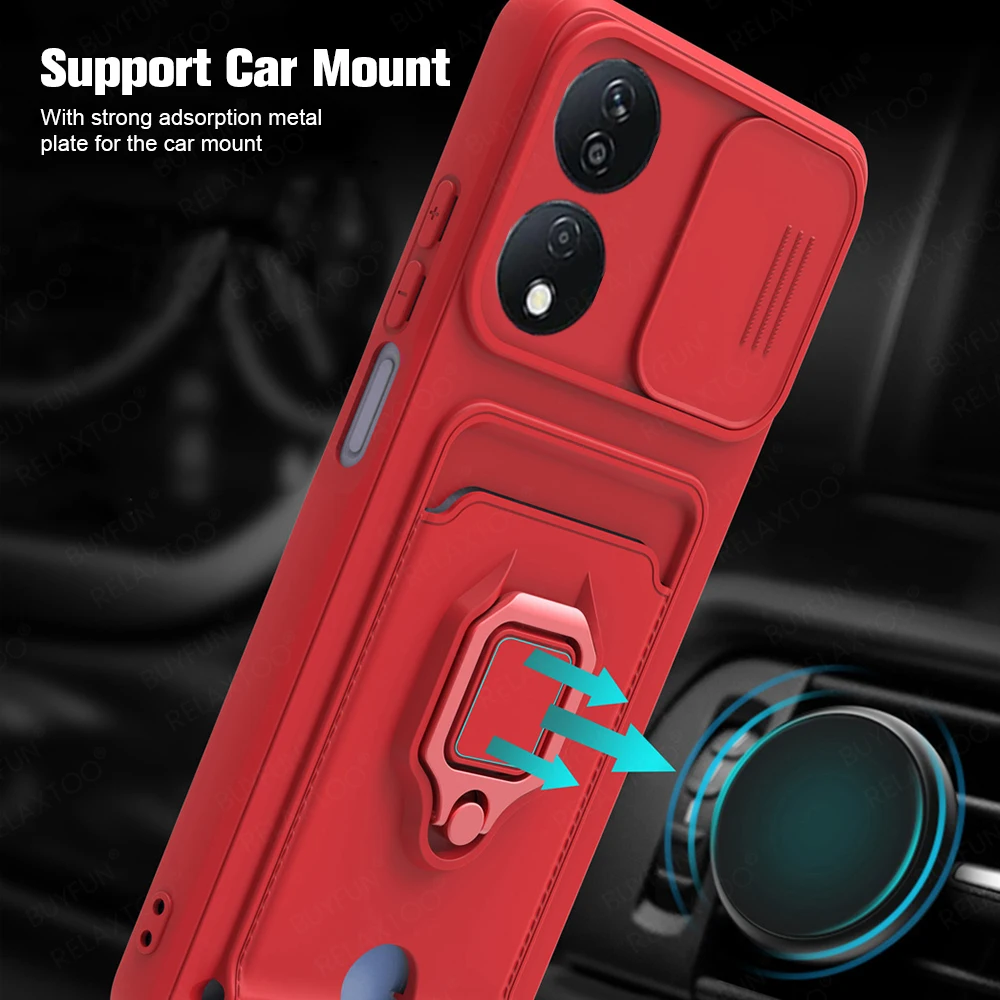 Phone case Phone protector cover Camera protector case Camera lens protector case Camera lens case Card holder bag case Slide Camera Protect TPU Case For Honor X7b 4G Magnet Holder Ring Card Bag Shockproof Coque