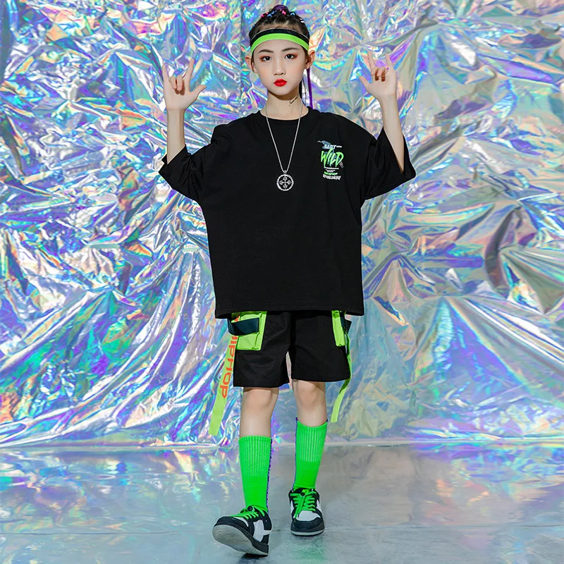 

New Kids Hip Hop Clothes Fashion Short Sleeve Tops Shorts 2pcs Casual Suits Teen Streetwear Set Show Outfits Stage Costume 3-16Y