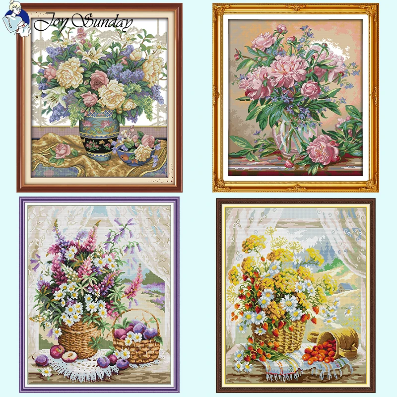 Flower Vase Series Counted Stamped Cross Stitch Kit 16ct 14ct 11ct Canvas Fabric DIY Floral Embroidery Needlework Set Home Decor