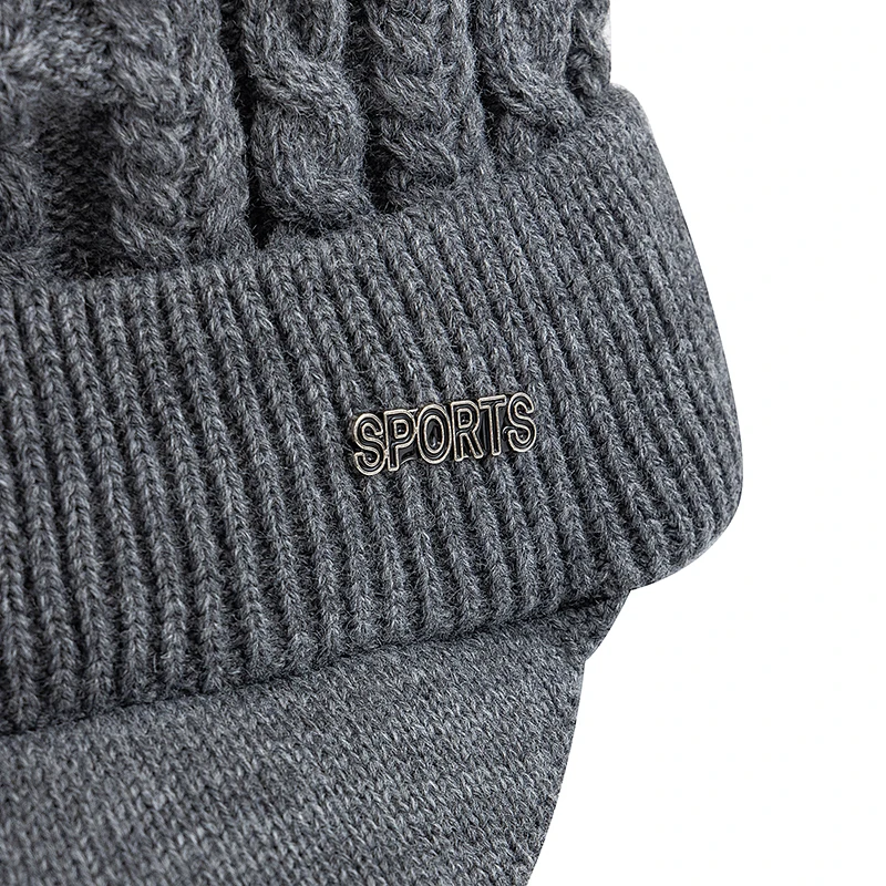 New Style Unisex Warm Winter Hat Brim Fur Lined Beanie Hat Sports Label Thicken Winter Hats For Men Women Outdoor Knitted Hat