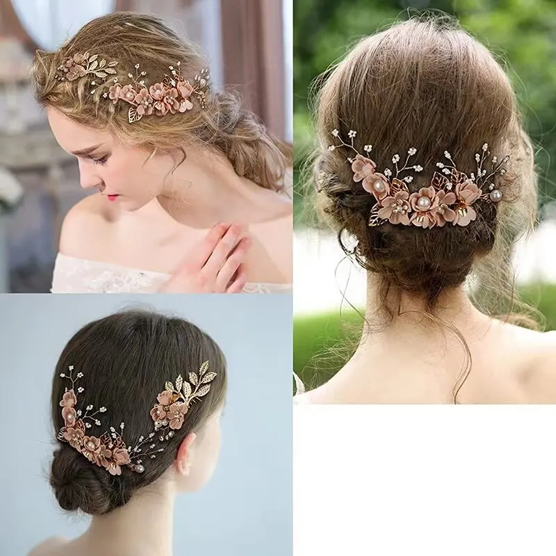 Bridal Hair Accessories European Gold Leaf Plate Handmade 4-piece Set Bride Crown Flowers Comb