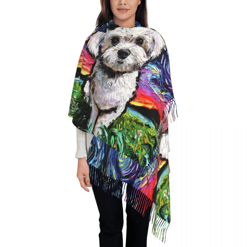 

Poodle Dog Maltipoo Night Paintings Scarf Wrap for Women Long Winter Warm Tassel Shawl Unisex Pet Dog Lover Scarves