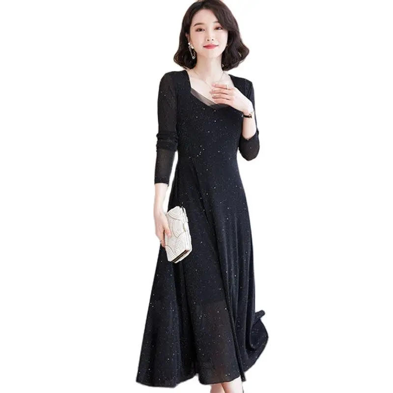 

Женское газовое платье с длинным рукавом, элегантное облегающее длинное платье с принтом и v-образным вырезом, весна-осень 2023