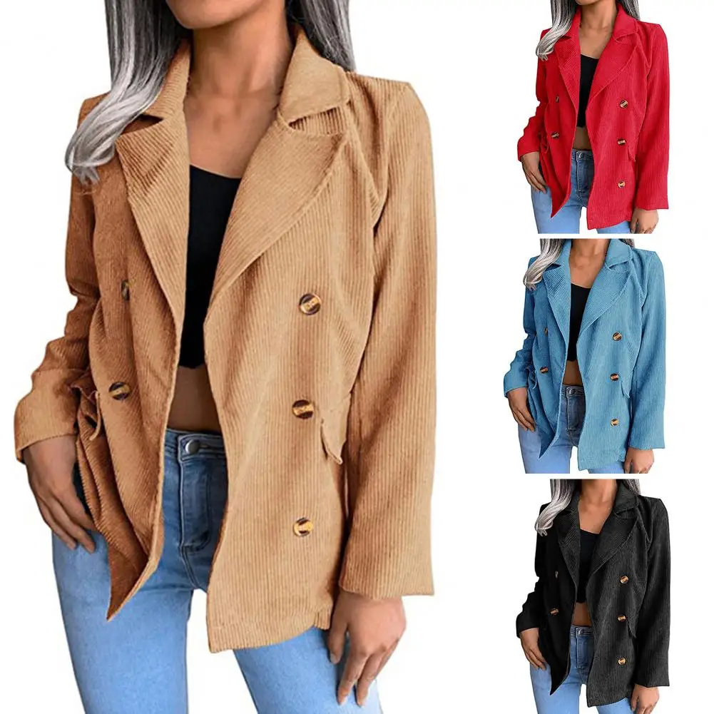 

Autumn Women Office Blazer Lapel Long Sleeve Flap Pockets Solid Color Double Breasted Slim Fit Corduroy Suit Coat Jackets