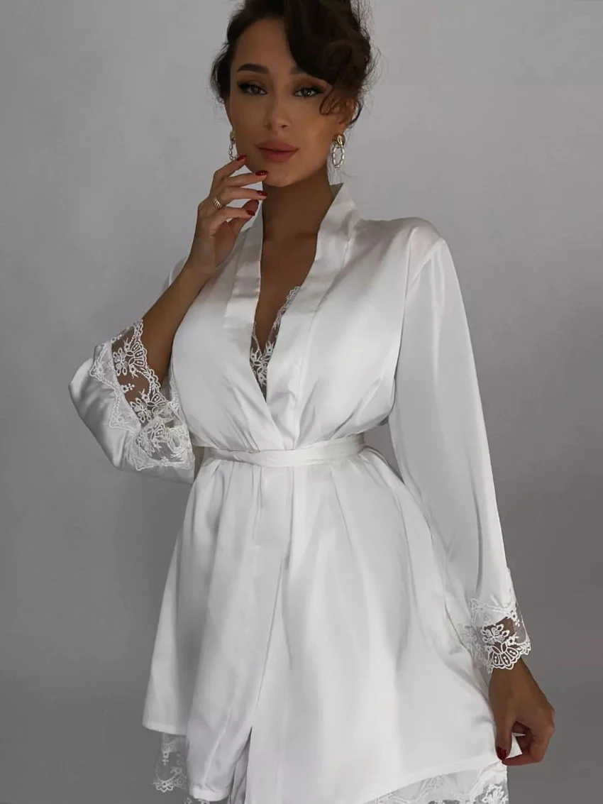 Marthaqiqi Lace Ladies Sleepwear Sexy Spaghetti Strap Nightgowns Long Sleeve Bathrobe V-Neck Lace Up Robe Home Clothes For Women