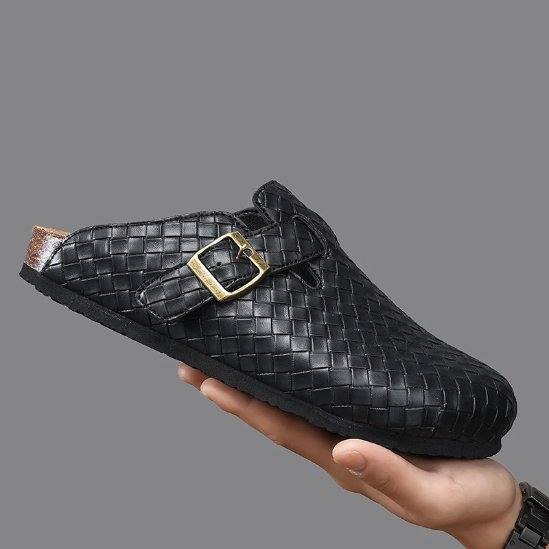Summer Unisex Adjustable Cork Slippers Men Leather Slides Slippers Black Brown Cover Toe Slipper Dropshipping — view 4