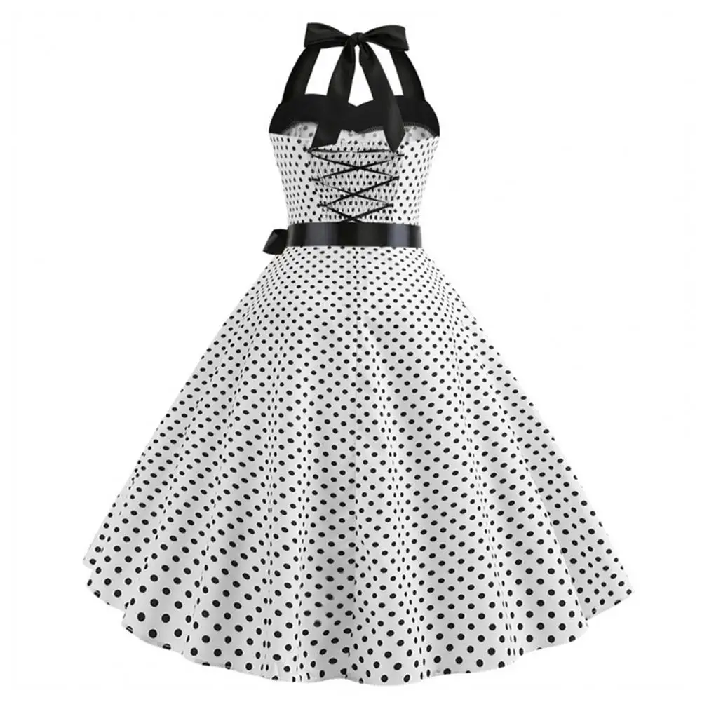 

Halter Neck Dress Retro 50s 60s Halter Neck Midi Dress with Lace Up Detail Bow Decor A-line Prom Party Dress for Women Retro Dot