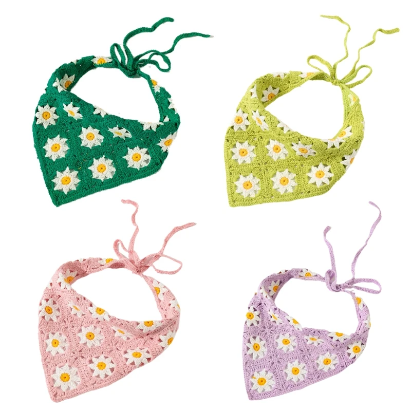 

A2ES Knitted Floral Hair Kerchief Lovely Crochet Bandana Tie Back for Head Wrap for Women for Triangle Turban Elastic for Hea