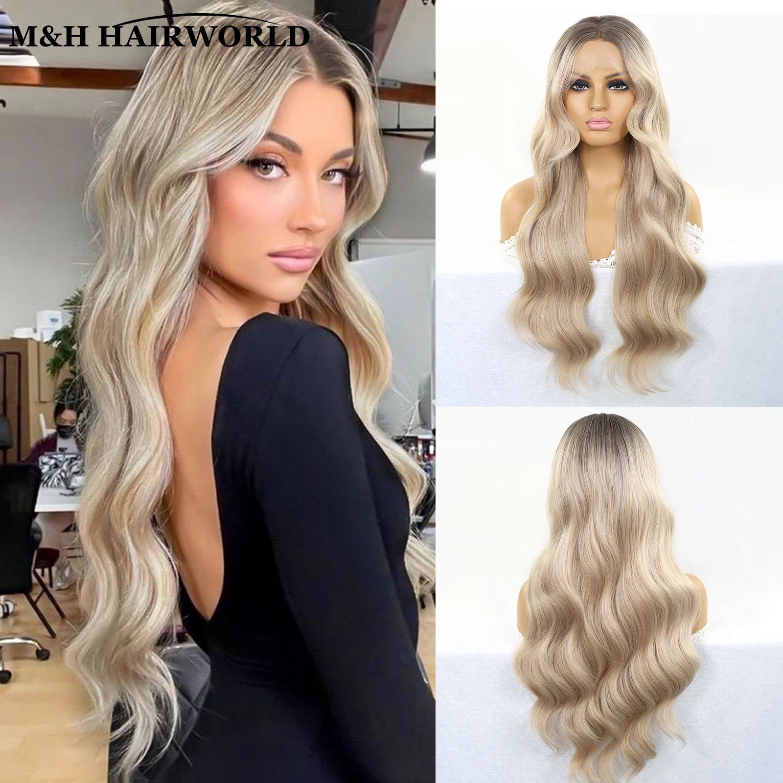 

Ash Blonde Highlight Synthetic Hair Lace Front Wigs For Women Long Natural Wavy Hair Wig Glueless Lace Frontal Wig for Daily Use