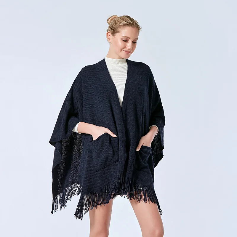 

Spring Autumn Pocket Shawl Cloak Women Air conditioning Room European American Office Pocket Shawl Warm Multi-purpose Wear Navy