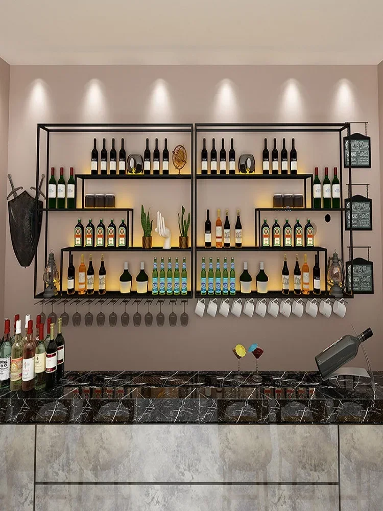 Bar wrought iron luminous retro bar wine rack Bar counter wall-mounted wine cabinet Home creative rack Display