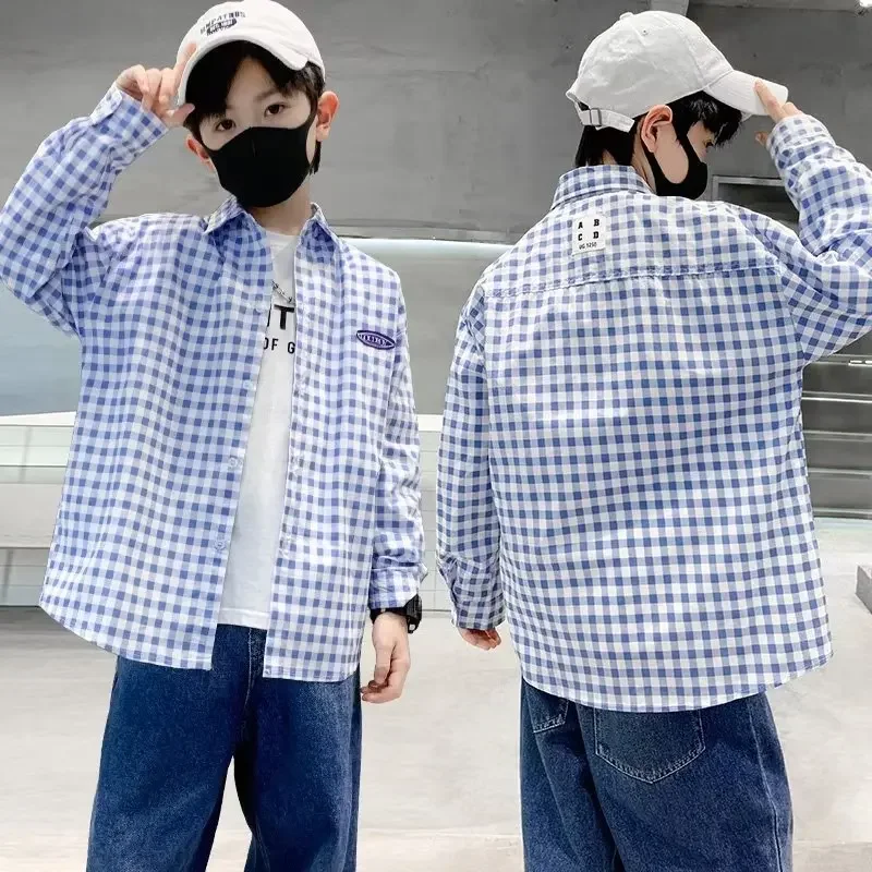 Children's Plaid Long Sleeve Shirt Lapel Collar Casual Top For Middle And Large Children Fashionable Chinese Style Boys Clothing