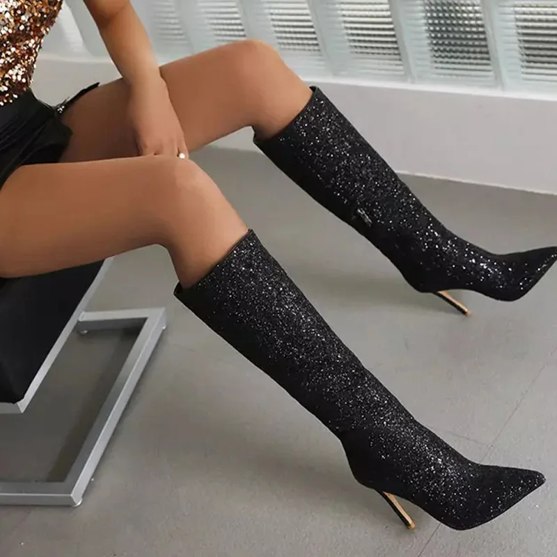 Women New Arrival Plus Size Stiletto Boots Sequin Upper Rhinestone 10cm Thin High Heel Sexy Womens Over Knee Boots Fashion Shoes