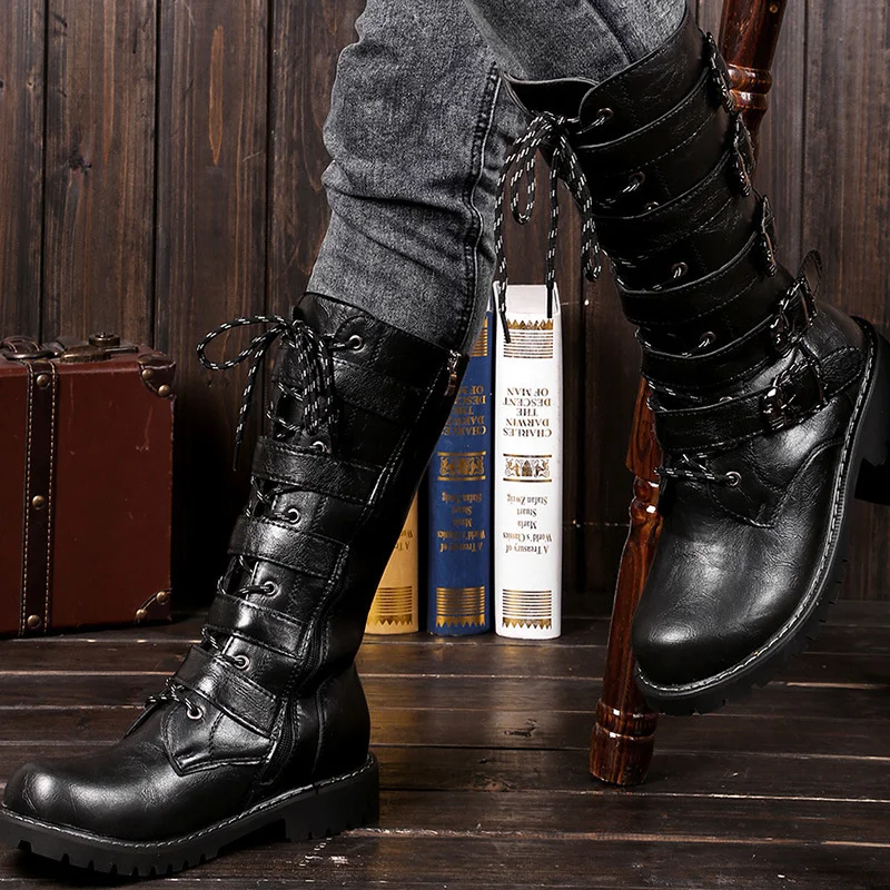 

Large SizeMen's Leather Motorcycle Boots Mid-calf Military Combat Boots Gothic Belt Punk Boots Men Shoes Tactical Army Boot 2023