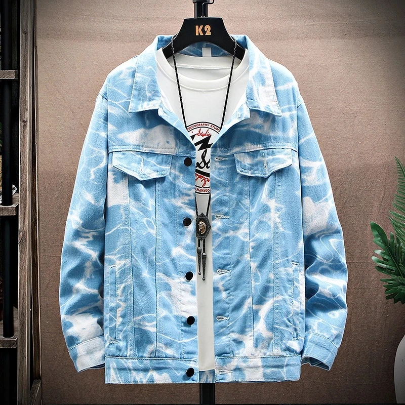 Jacket Men's Spring Fashion Casual Lapel Denim Jacket Top Tie Dye Slim Simple Single Breasted Cardigan mens black puffer jacket Jackets