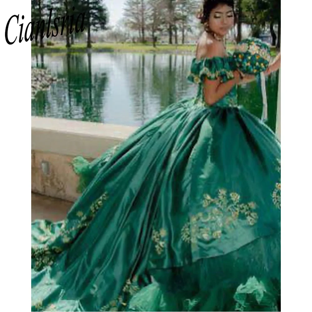 

Зеленые платья для Quinceanera, искусственная аппликация, открытые плечи, Бальные наряды для дня рождения, выпускного вечера, платье 15 16, платья