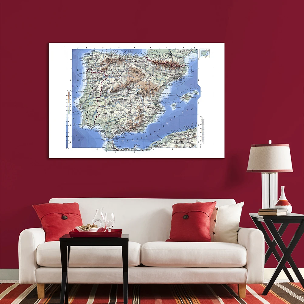 World Map Poster 150*100cm Orographic Map of The Spain Detailed Poster Non-woven Canvas Painting Wall Art Prints School Supplies Home Decoration