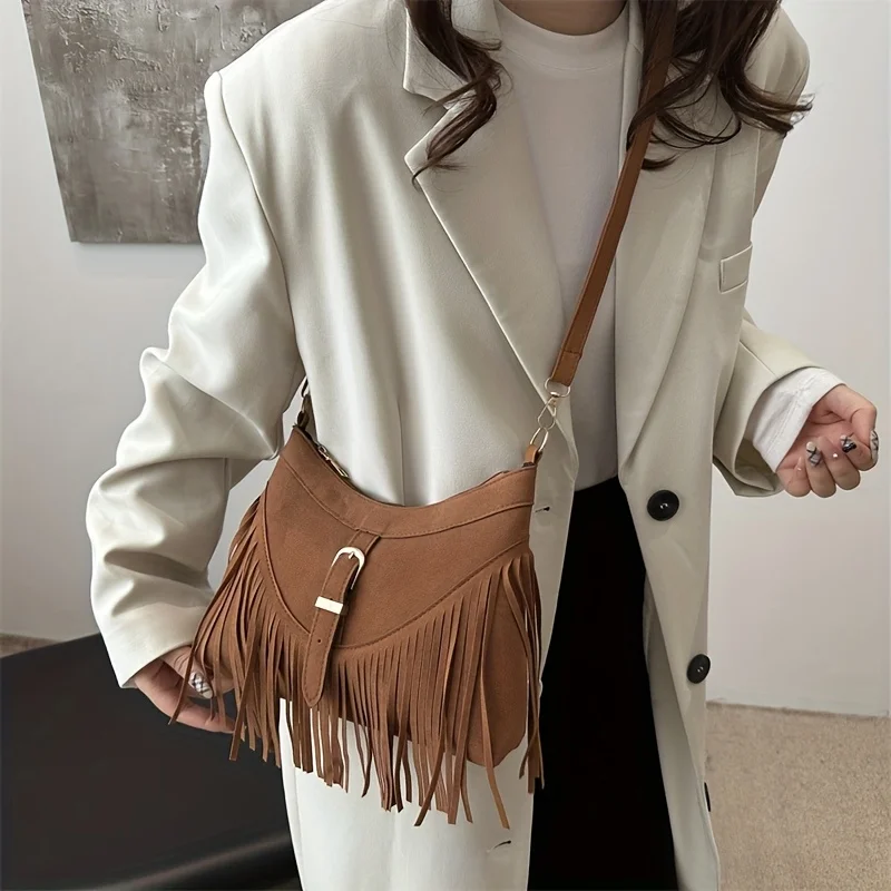 Women'S Vintage Tassel Suede Crossbody Bag, Adjustable Strap, Zipper Closure, Detachable Strap, Synthetic Shoulder Bag, Purses