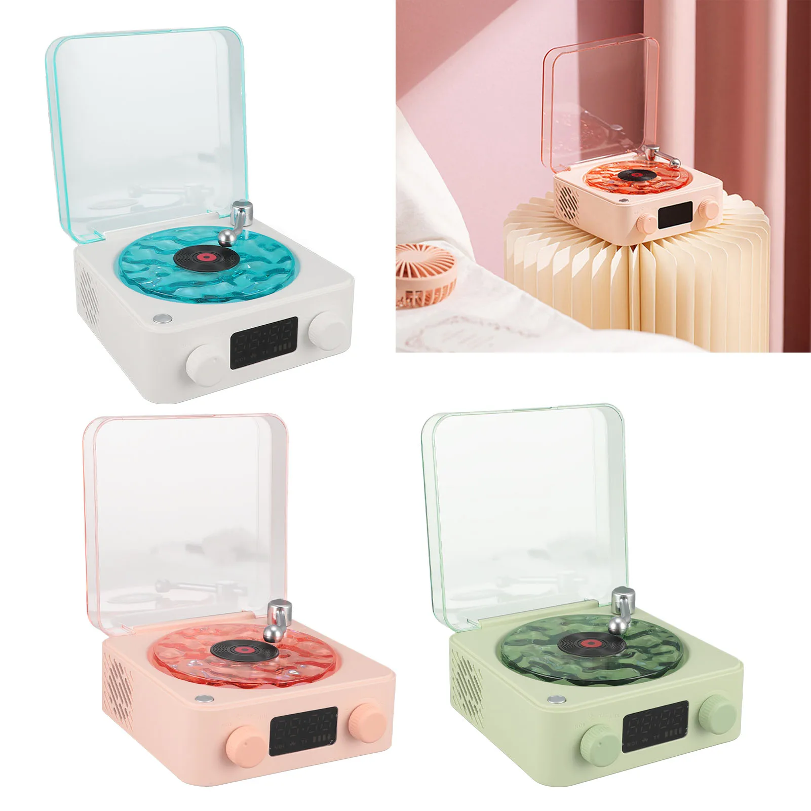 Bluetooth Speaker Audio Speakers Portable Speaker Record Player Speaker Multifunction Stereo Sound Wireless Bluetooth Speaker with Night Light Battery Display for Office