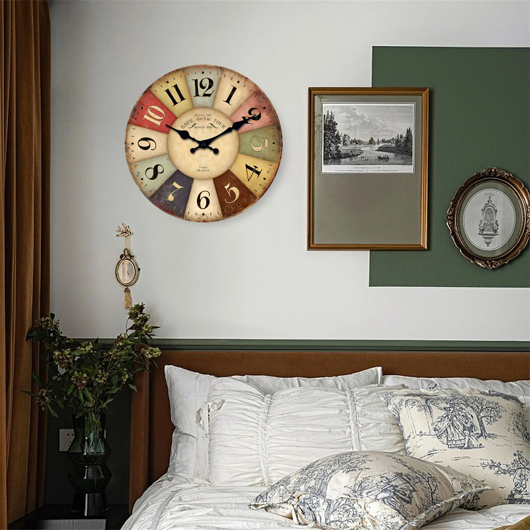 Description Picture 5 of item1pc wooden wall clock, country retro style color square pattern design wall clock, home mute clock, suitable for home decoration