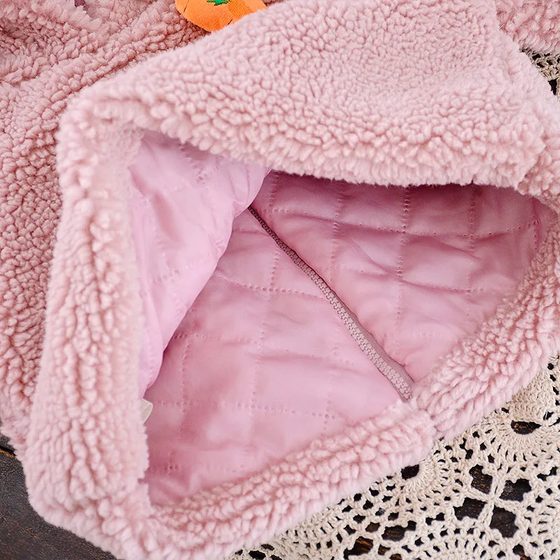 Winter Baby Girl Coat Cute Long Eared Rabbit Carrot Hoodie Warm Long Sleeve Back Zipper Cotton Coat Comes with Crossbody Bag