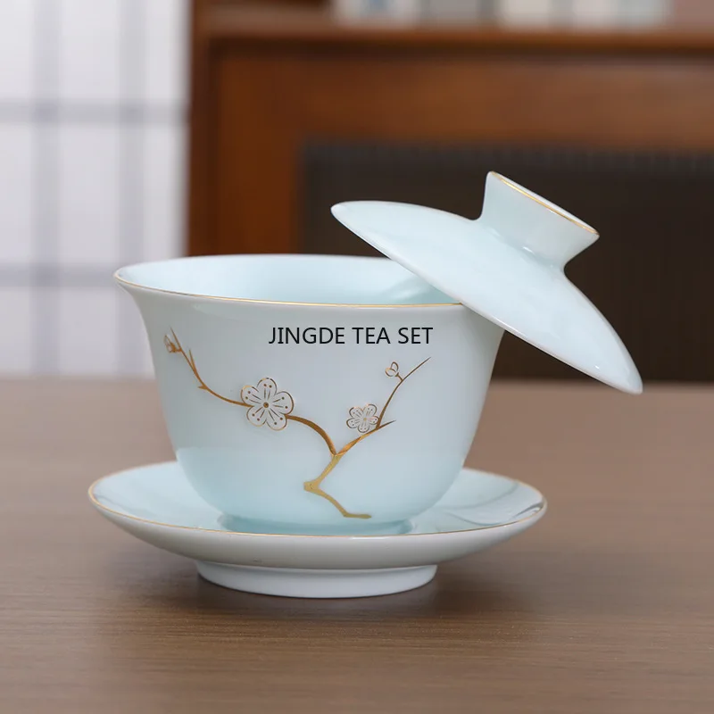 Hoverable Ceramic Single Lid Bowl Chinese Style Shadow Blue Gold Painting Kung Fu Tea Set Tea Making Bowl Porcelain Gaiwan