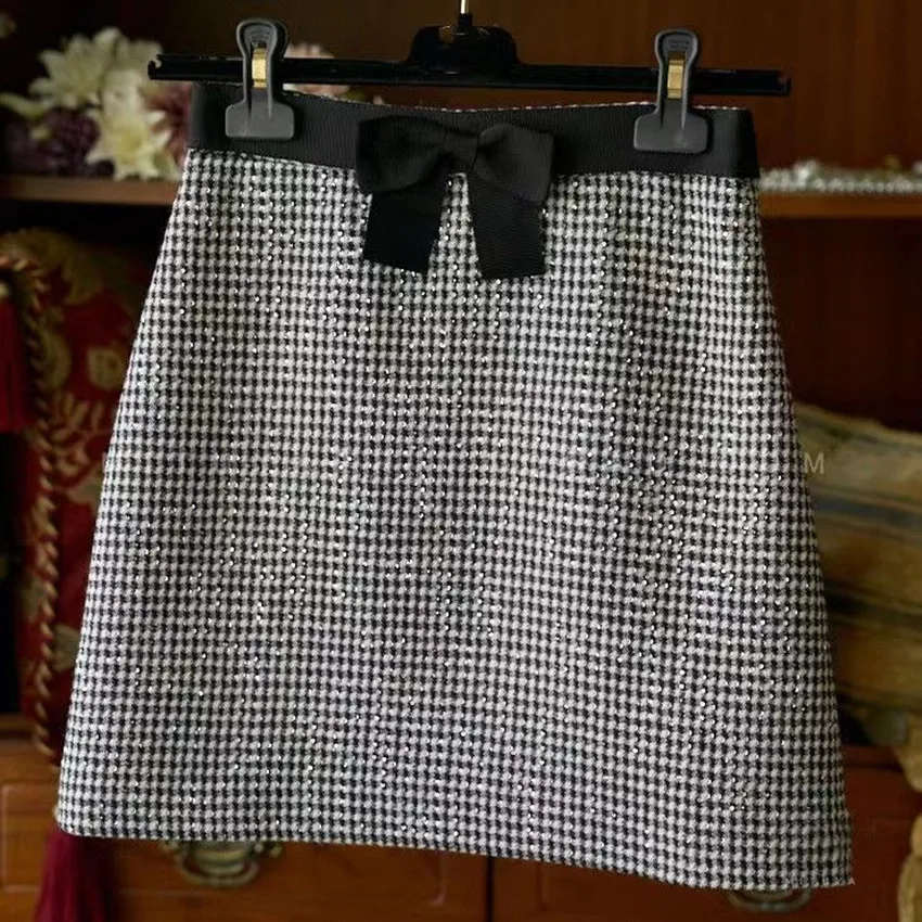 Classical Houndstooth Sequined Mini Skirts Women Spring Autumn Small Fragrance Bow A-line