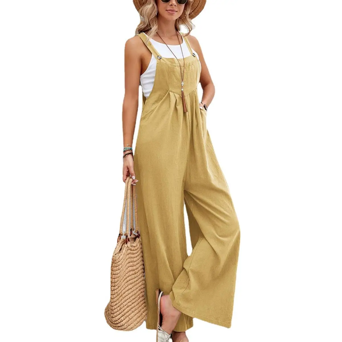 Summer 2023 Faion Wide Leg Casual Overalls High Waist Cotton Linen Blend Lightweight Folded Hemline Women's Pants