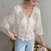 2025 Spring Summer Embroidered Top New Korean V-neck Hook Flower Hollow Cardigan Beach Shirt Casual Women Knitted Blouse