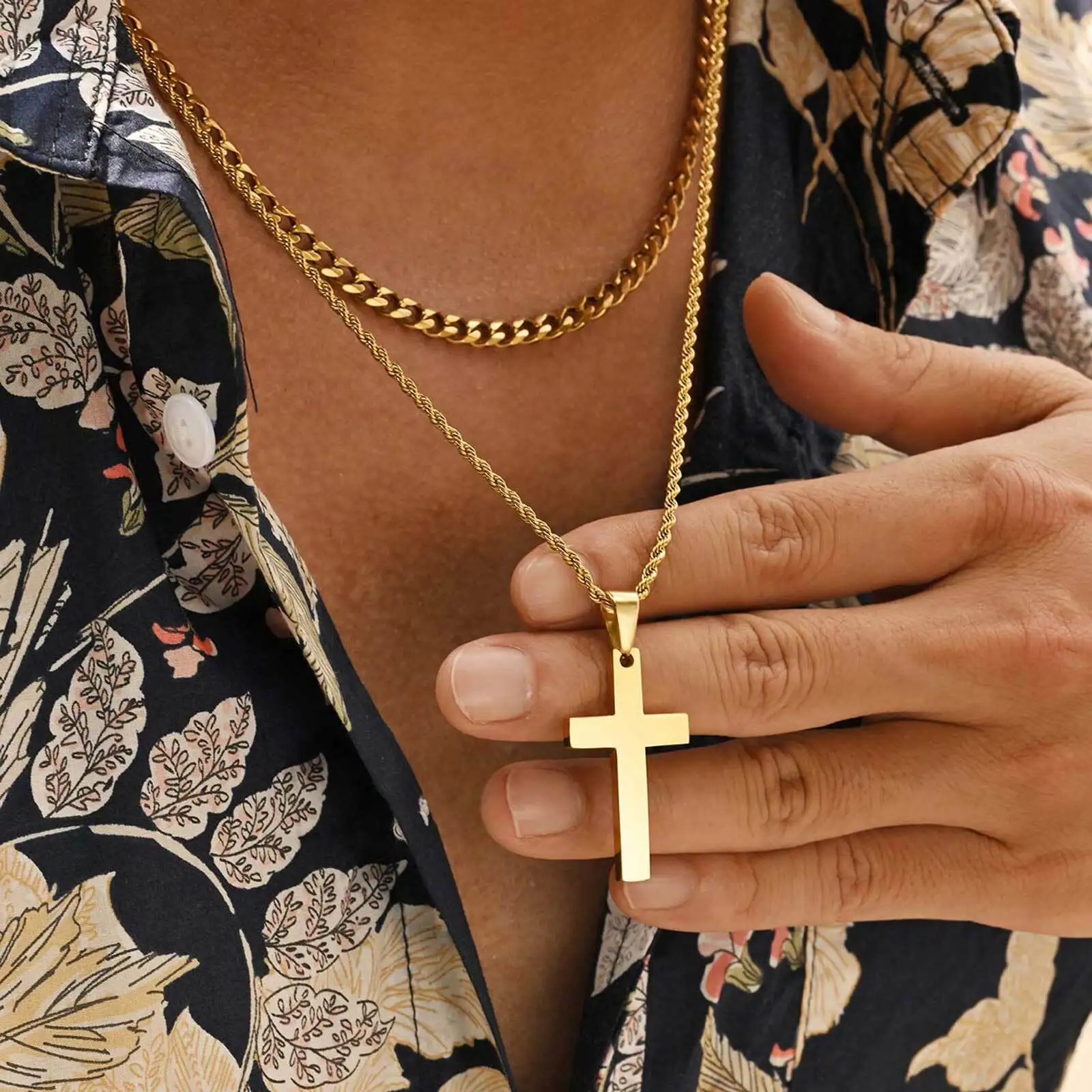 2pcs Men's Necklace,Waterproof Stainless Steel Cross Pendant Necklace,Birthday Party Jewelry Gift for Husband Dad Son BBF