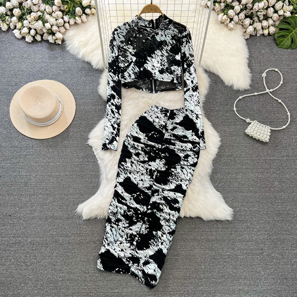 

Fashion Autumn Spring Skirt Set Women's Stand Neck Slim Fit Pleated Tie Dyed Print Top Two Piece Set With Folds Half Skirt Fall