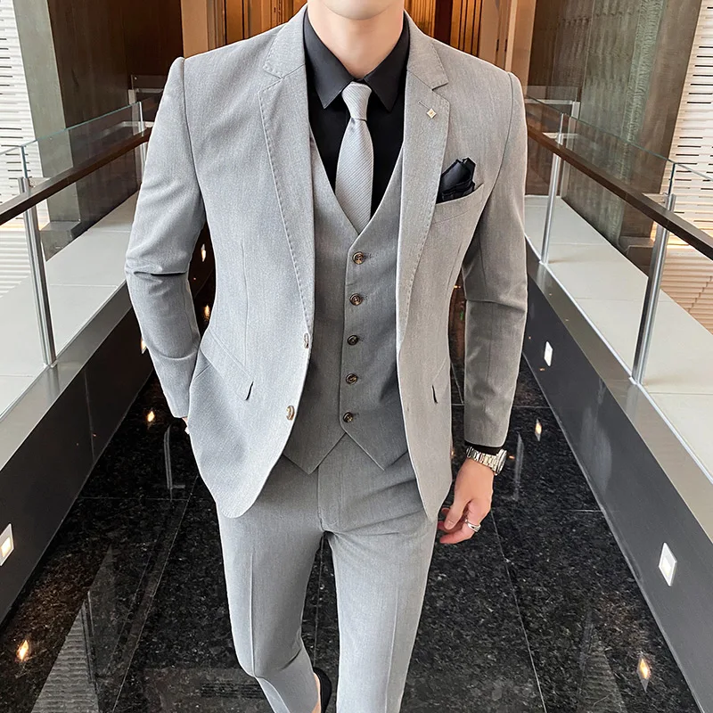 Men's Three-Piece Suit Set Solid Color Business Professional with Vest And Trousers