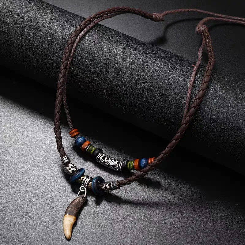 Ethnic Wolf Tooth Necklace Vintage Tribal Leather Braided Beaded Neck Chain Accessory Multi-layer Dogtooth Pendant Jewelry Gifts