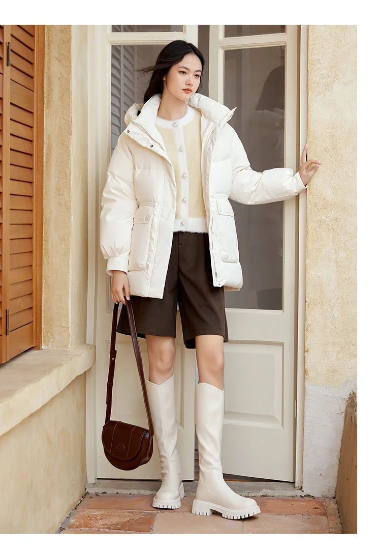 Down Jacket Women Mid-Length Loose Raglan Sleeve Simple Warm Winter Three-Defense Hooded Coat