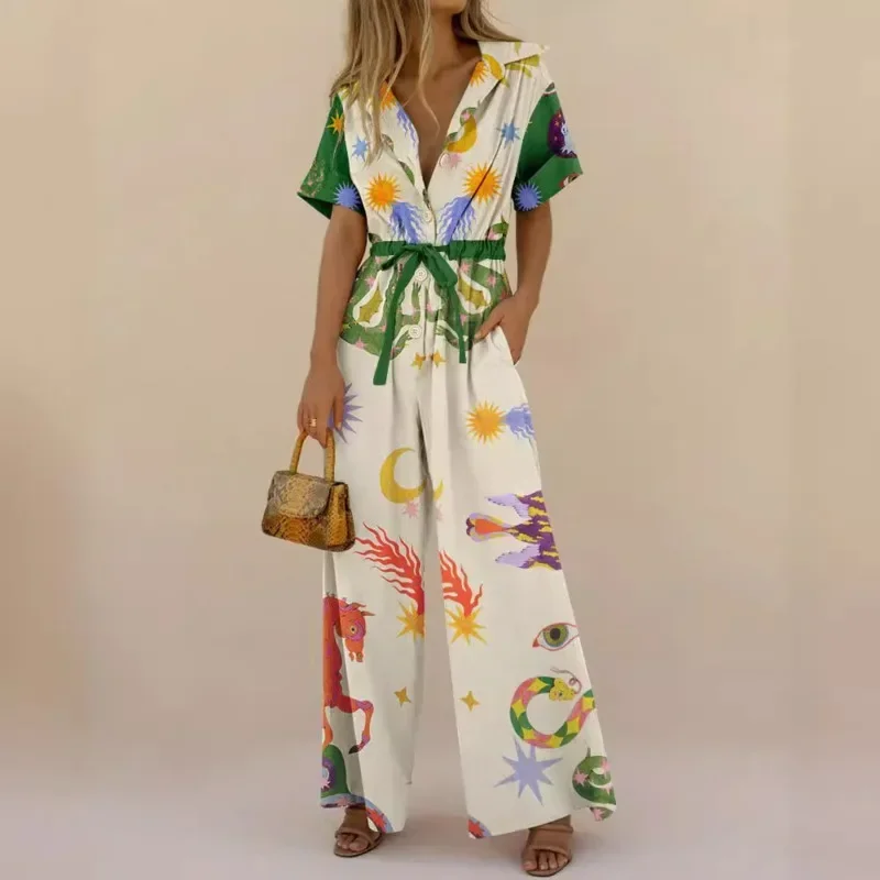 2024 Style Women's Printed Pants Jumpsuit High Waist Casual Wide Leg Pants Elastic Waist Creative Printing Women's Jumpsuit