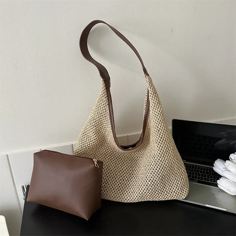 New Summer Women's Bag Large Capacity Shoudler Bag 2pc Straw Travel Vacation Beach Bag Hollow Out Simple Tote Bag