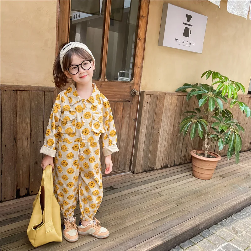 Spring autumn children cartoon cat long sleeve jumpsuits Boys and Girls turn-down collar Cargo bodysuits Kids clothes