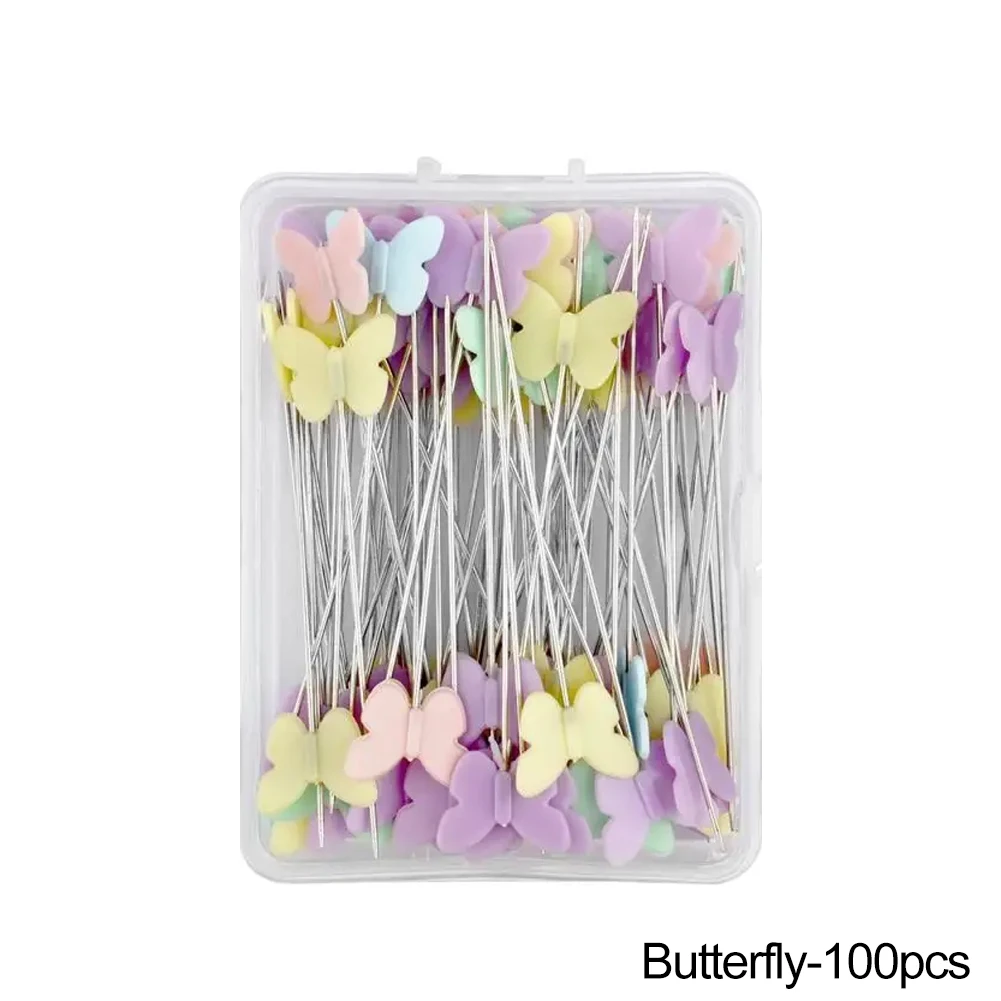 바느질 액세서리 100개 버튼 헤드 바느질 핀 꽃 나비 헤드 포지셔닝 핀 DIY 수제 의류 마킹 바늘