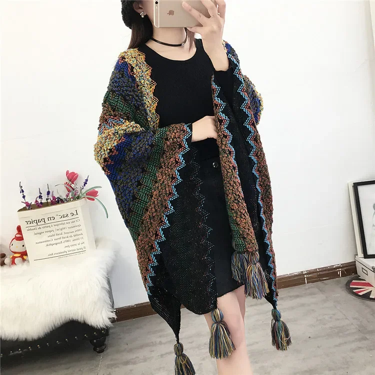 Description Picture 3 of item23 Colors Multicolor Oversize Autumn Poncho Cape Winter Women Knitted Cardigan Long Loose Shawl Vintage Thick Outstreet Knitwear