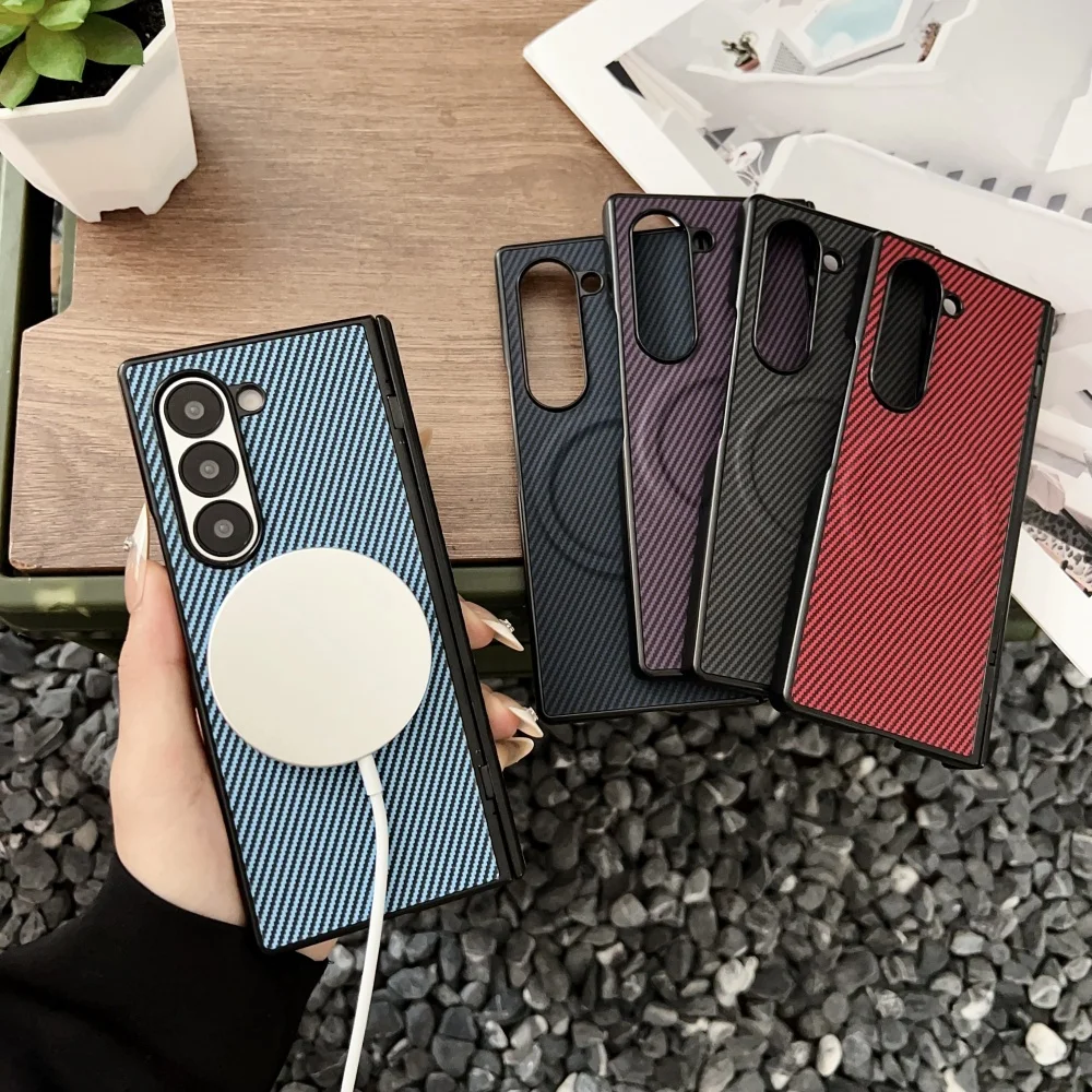 Premium Carbon Fiber Magnetic Hinge Phone Case with Wireless Charging Compatibility